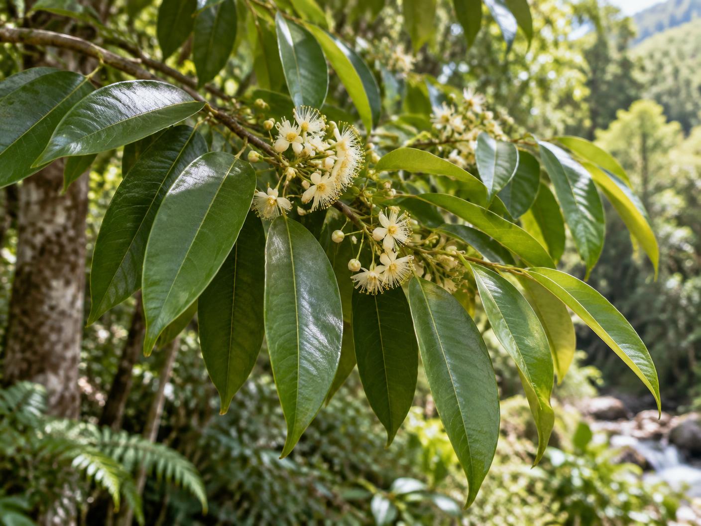 Glossy anise myrtle leaves and pale blossoms in subtropical rainforest