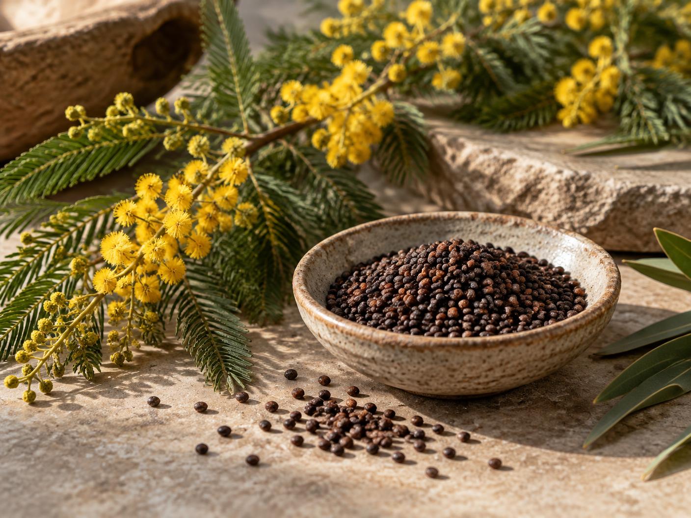 Roasted wattleseed in a ceramic bowl with golden wattle blossoms